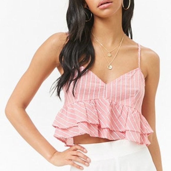 Forever 21 Tops - Forever21 Pink Striped Peplum Cropped Tank Top